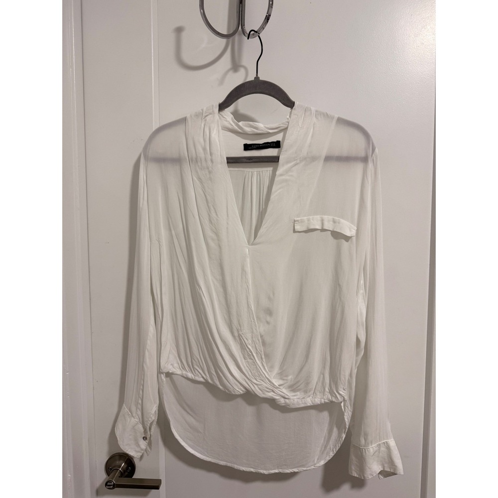 ZARA WOMAN White V Neck Twist Front Long‎ Sleeve Shirt Blouse Top XS - Picture 2 of 9
